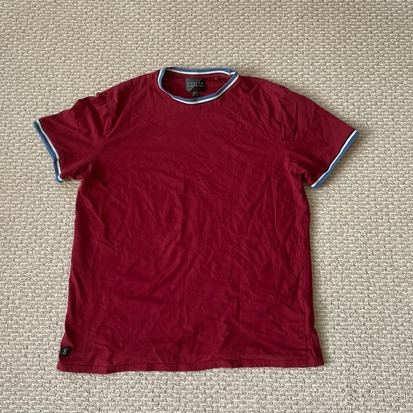 Broken Standard Maroon Tee with Blue, White and Navy Stripe Detailing - Picture 1 of 4